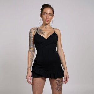 Lulu's Black Mini Dress with Ruffled Hemlock